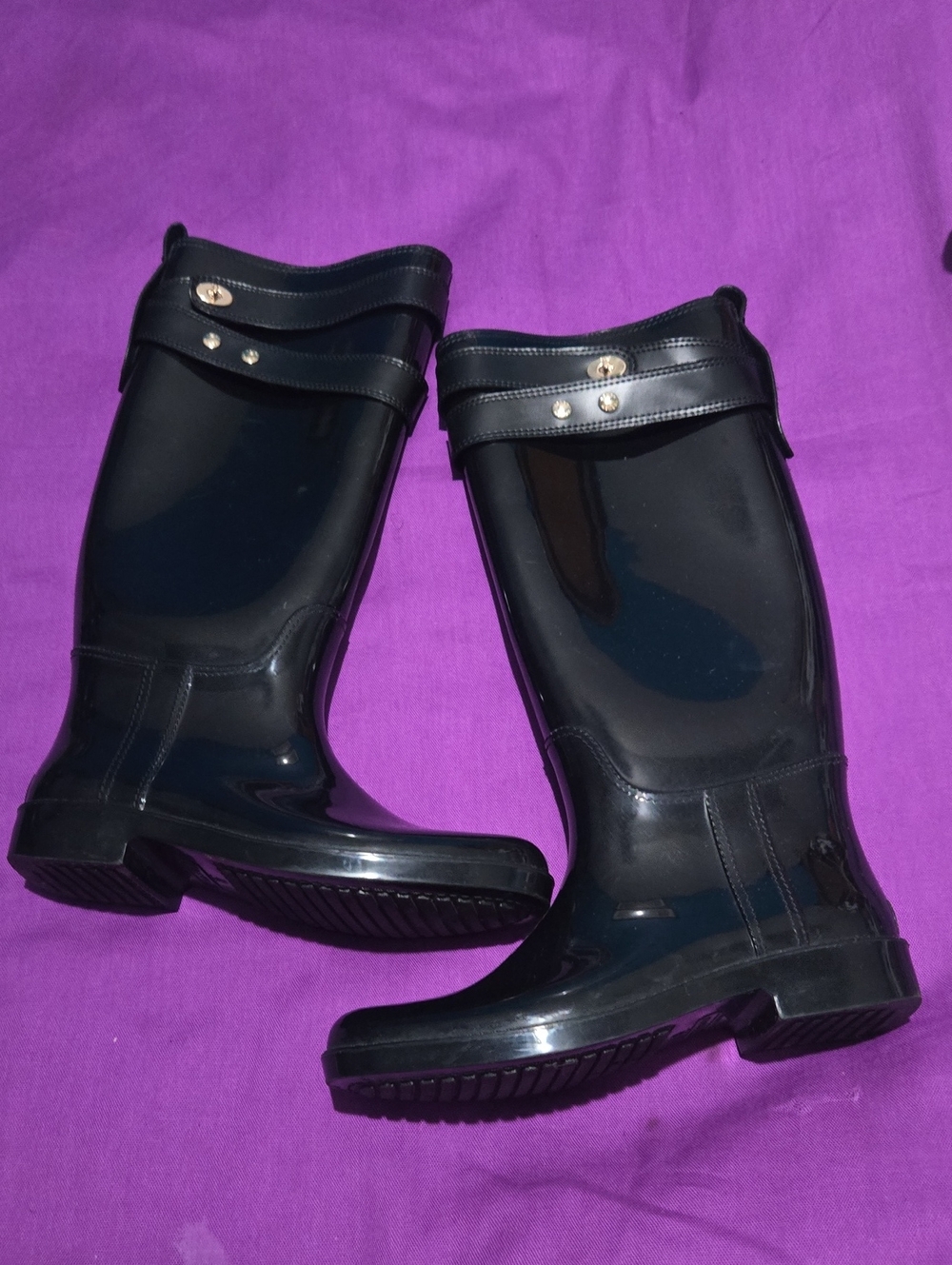 Coach Black Glossy Women's Rain Boots with Buckle Detail